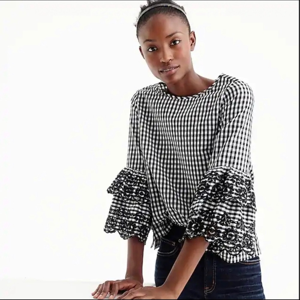 J.Crew Tiered Bell-sleeve Top in Gingham